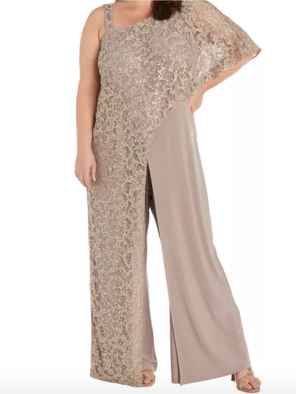 R&M Richards One-Shoulder Sequin Lace & Crepe Wide-Leg Jumpsuit in mocha